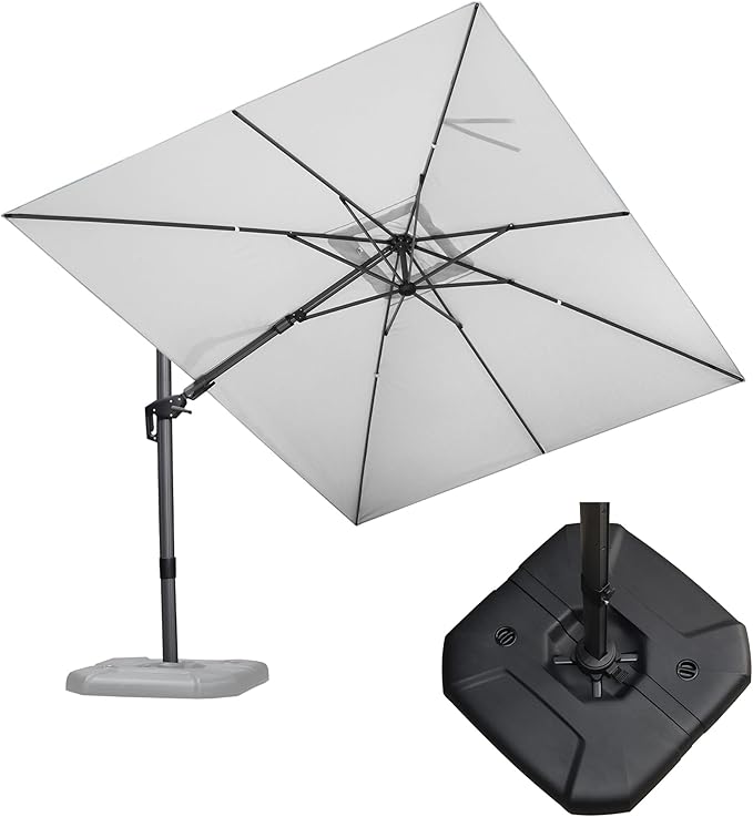 PURPLE LEAF 9' X 12' Right-left Tilt Patio Umbrella with Base Outdoor Cantilever Swivel Rectangle Umbrella Aluminum Offset Umbrella with 360-degree Rotation for Garden Deck Pool Patio White by PURPLELEAF