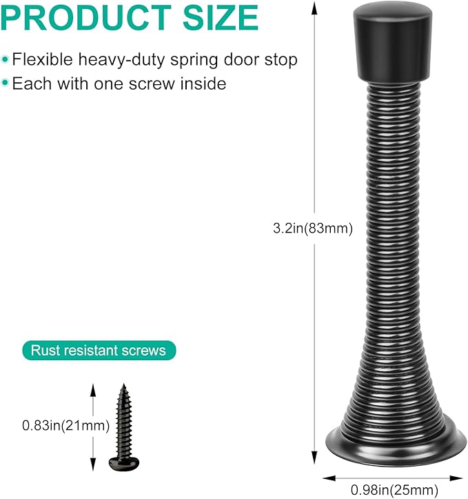 6 Pack Black Spring Door Stops, 3-1/4" Heavy Duty Wall Mount Door Stoppers - Image 2