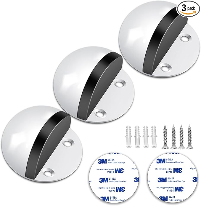 3 Pack Door Stoppers Self Adhesive White Floor Door Stop No Drilling Rubber by Gudui