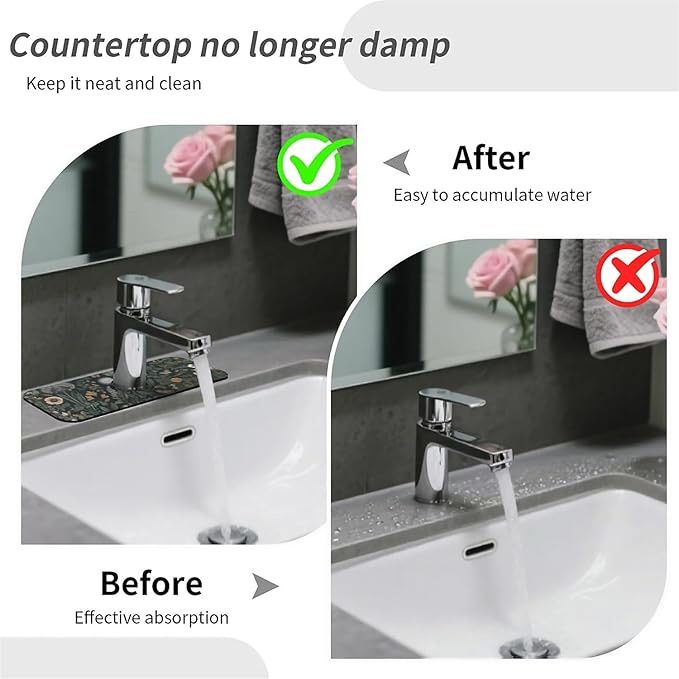 Kitchen Sink Splash Guard，Dark-green black flowers Faucet Mat Sink - Image 6