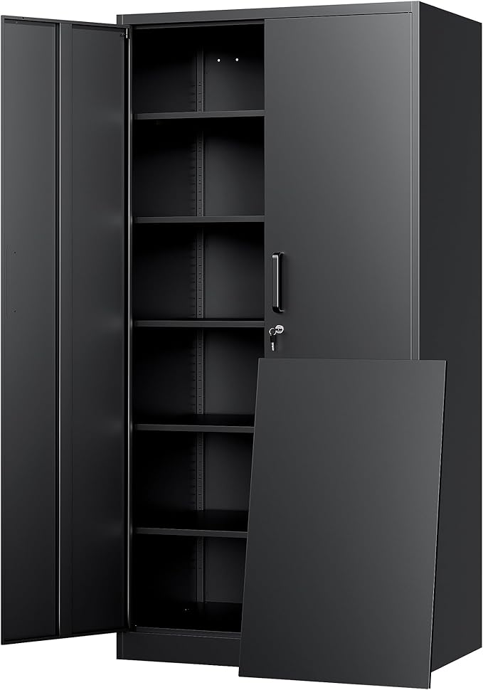 Yizosh Metal Storage Cabinet with Lock - 72" Garage Storage Cabinet with 2 Locking Doors and 5 Adjustable Shelves, Black Steel Lockable for Office,Home,Garage by Yizosh