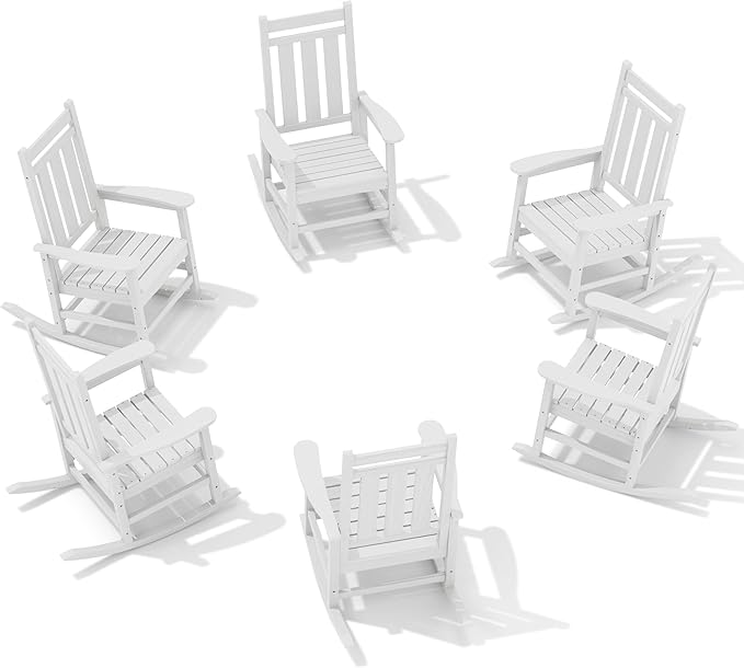 KINGYES Oversized Outdoor Rocking Chair Set of 6, All-Weather Patio Rocking Chairs for Porch, HDPE Outdoor Patio Rockers with High Back & Wide Seat for Garden, Lawn, White by KINGYES