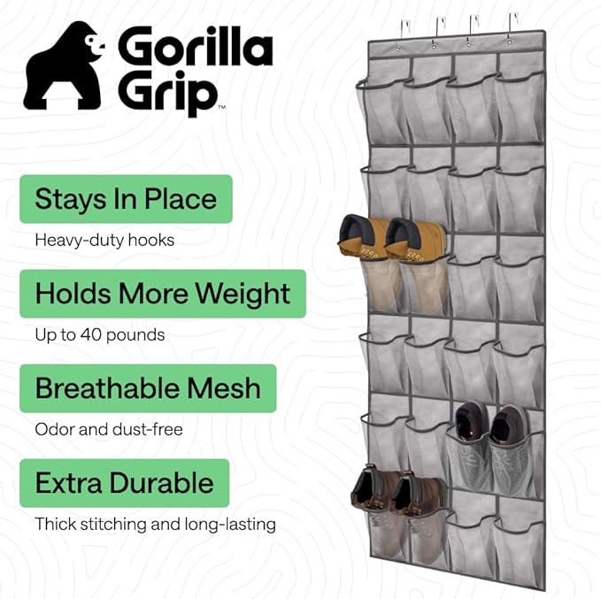 GORILLA GRIP Over the Door Shoe Organizer, 24 Extra Large Breathable Mesh - Image 2