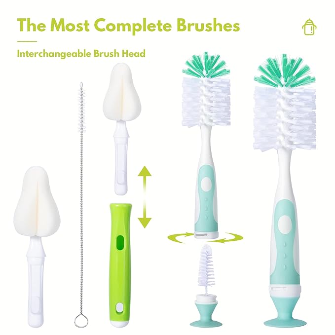 Baby Bottle Brush Set with Nylon Nipple Cleaner, Sponge & Straw Brushes - Image 7