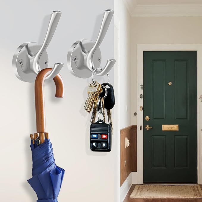 Brushed Nickel Wall Hooks, 4 Pack Heavy Duty Coat Towel Hook Metal Double Hook - Image 2