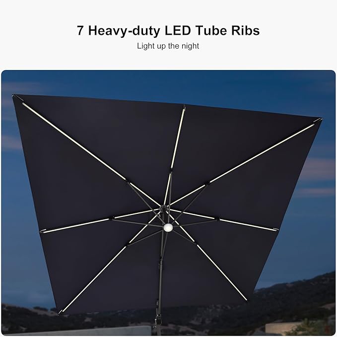 PURPLE LEAF 10 Feet Patio Umbrella with Base Outdoor Cantilever Solar Powered LED Square Umbrella Aluminum Offset Umbrella with 360-degree Rotation for Garden Deck Pool Patio Navy - Image 5