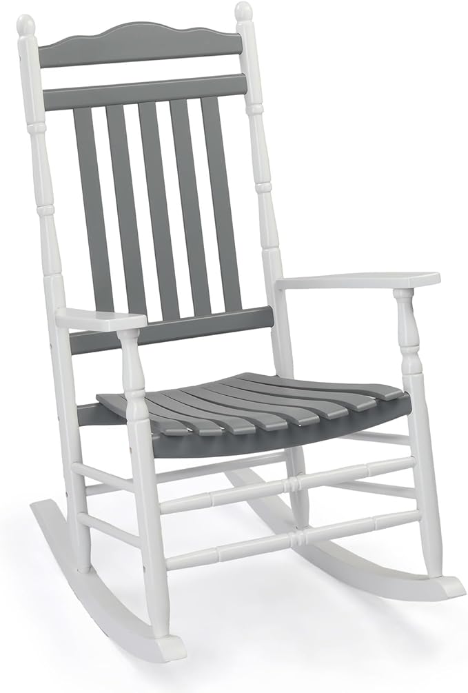 VINGLI Wooden Rocking Chair, Outdoor Chair with 450 lbs Support, Relaxing Rocker with Solid Wood High Back Seat Reclining Seat for Deck, Garden, Backyard, Porch (White & Grey, 1PC) by VINGLI