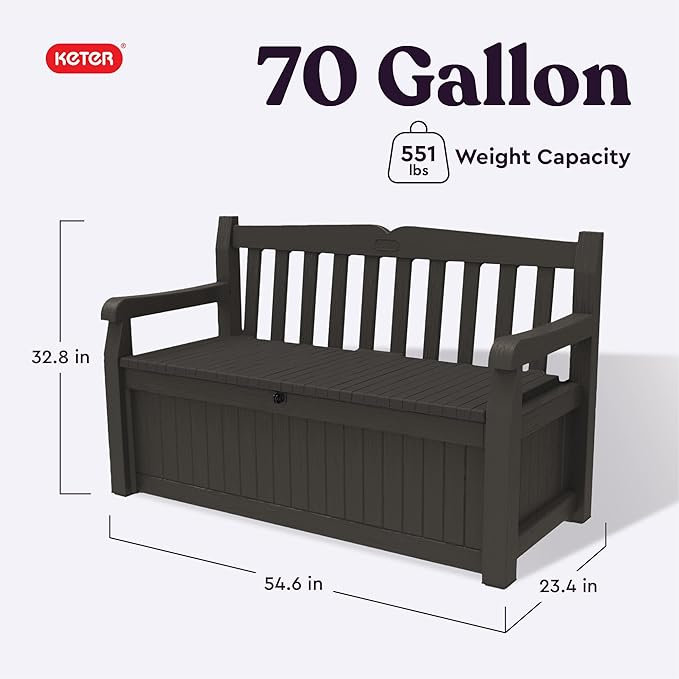 Keter Solana 70 Gallon Storage Bench Deck Box for Patio Furniture, Front Porch Decor and Outdoor Seating – Perfect to Store Garden Tools, Brown/Brown - Image 3