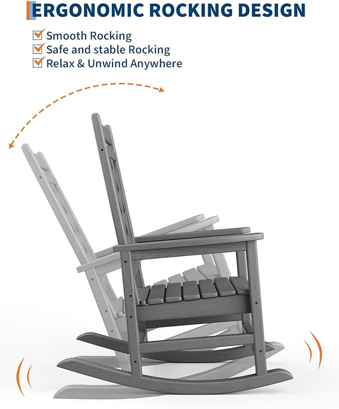 GarveeLife Outdoor Rocking Chair Set of 4, HDPE Weather Resistant Patio Rocking Chair Porch Rocker with Wood Texture & 380 LBS Support for Deck, Pool, Backyard, Gray - Image 4