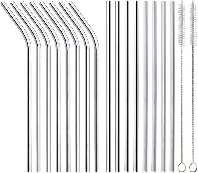 16 Pack of Reusable Stainless Steel Metal Straws, 8 Straight + 8 Bent 8.5 inch by ANNVCHI
