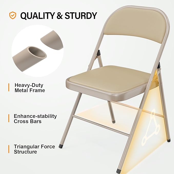 VINGLI 10 Pack Folding Chairs with Padded Seats, Metal Frame with Pu Leather Seat & Back, Capacity 350 lbs, Set of 10, Khaki - Image 4