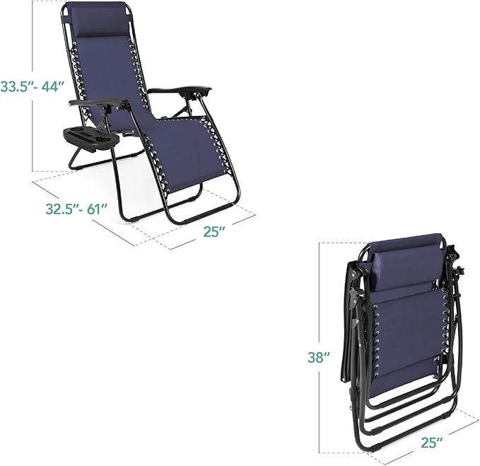 Best Choice Products Set of 2 Adjustable Steel Mesh Zero Gravity Lounge Chair Recliners w/Pillows and Cup Holder Trays - Navy Blue - Image 2