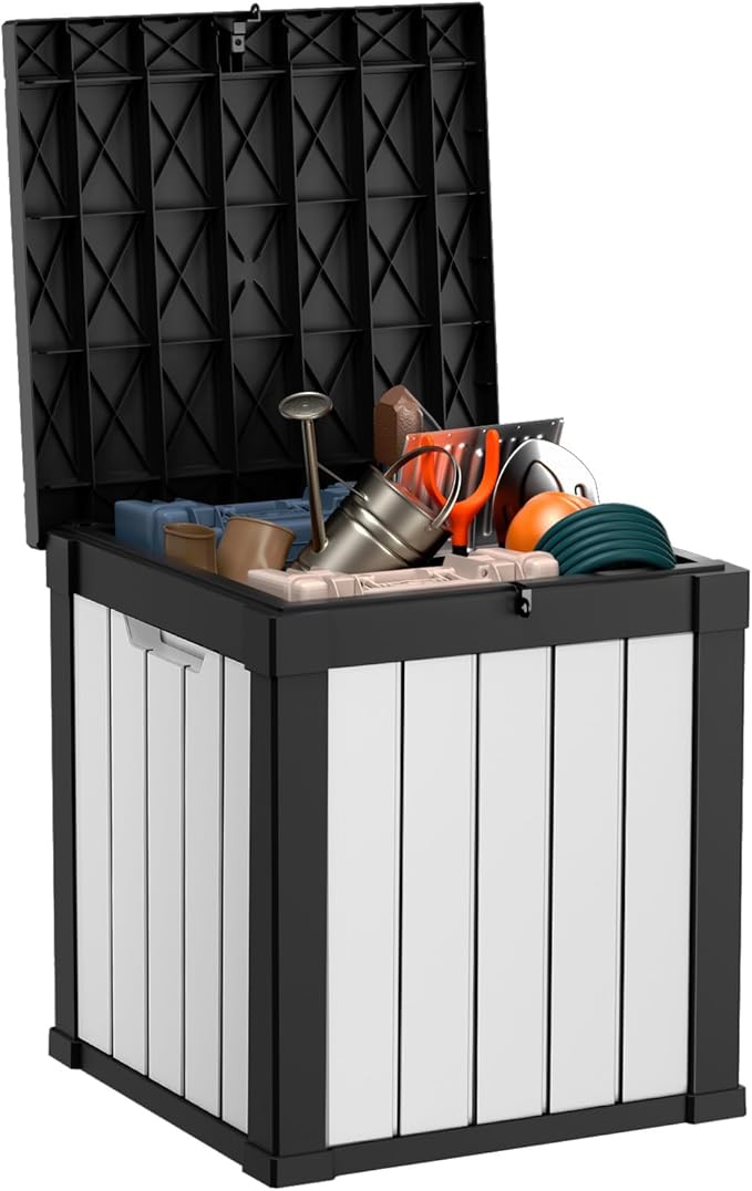 EasyUp 50 Gallon Deck Box Outdoor Storage Box for Patio Furniture,Outdoor Cushions,Garden Tools and Pool Supplies,Waterproof,Resin（Black&White） by EASYUP