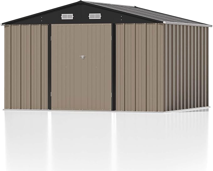 Patiowell 10 x 8 FT Outdoor Storage Shed, Large Garden Tool Metal Shed with Sloping Roof and Double Lockable Door, Outdoor Shed for Backyard Garden Patio Lawn, Brown - Image 7