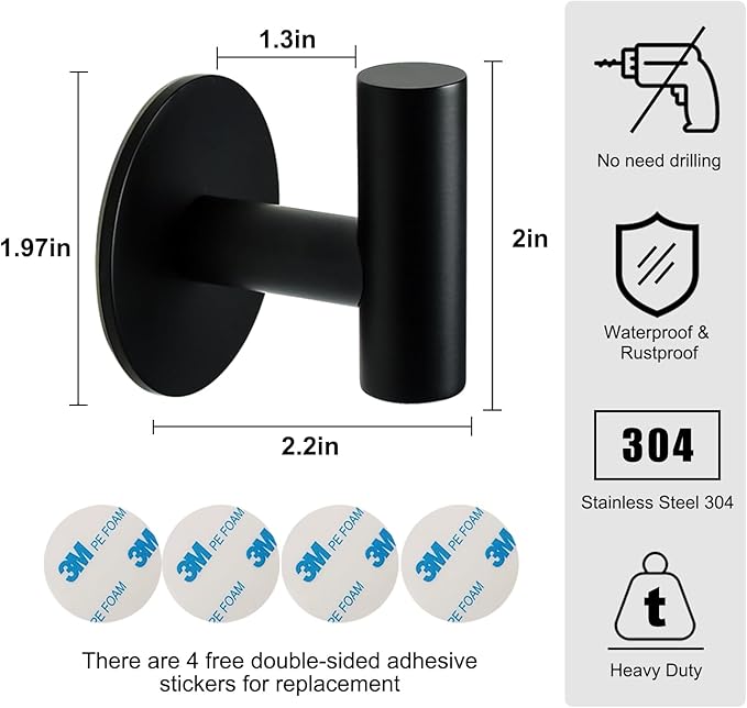 Self Adhesive Towel Hook Matte Black Coat Hook Brushed Nickel SUS304 Stainless - Image 2