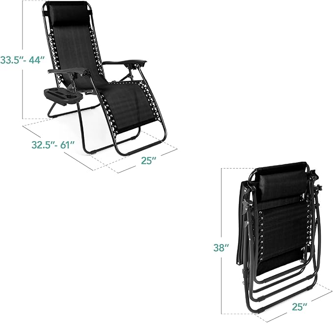 Best Choice Products Set of 2 Adjustable Steel Mesh Zero Gravity Lounge Chair Recliners w/Pillows and Cup Holder Trays - Black - Image 3