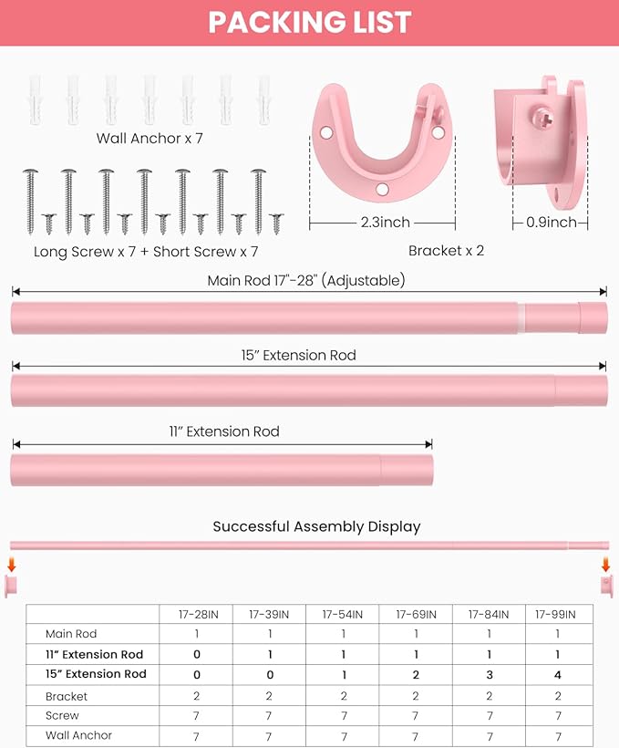 Closet Rods for Hanging Clothes, 17 to 69 Inches Stepless Adjustable Metal - Image 5