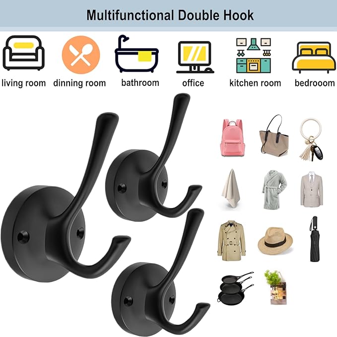 Black Wall Hooks, 6 Pack Coat Towel Hook Heavy Duty Metal Double Bath Robe Hook - Image 8