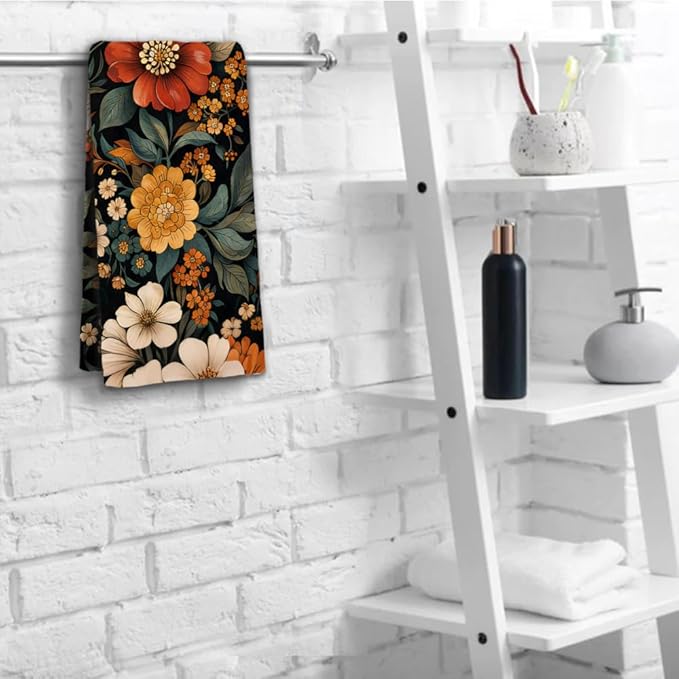Boho Floral Hand Towels Set of 2 Mid Century Flower Kitchen Towels Decorative - Image 5