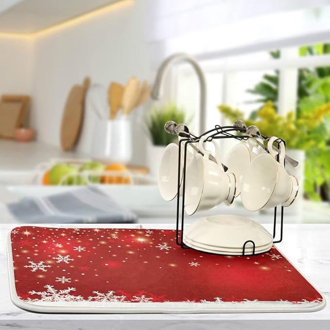 Christmas White Snowflake On Red Background Dish Drying Mat 16x18 inch Dish - Image 5
