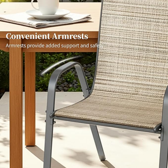MAMIZO Patio Dining Chairs, Stackable All Weather Teslin Chair, Heavy Duty Outdoor Breathable Chairs Set, w/Armrests, Upgraded Chair FeetW/Strenthened Iron Spacers, 330 LBS (8, Brown) - Image 8