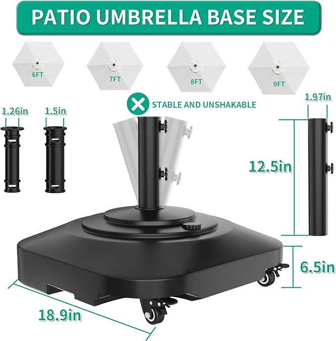 Umbrella Base with Wheels, Umbrella Stand Base Heavy Duty 100lb Windproof, Fillable Umbrella Base Mobile Square Umbrella Stand Outdoor Base for Patio, Deck, Poolside, Lawn, Fits Most Sized Umbrellas - Image 3