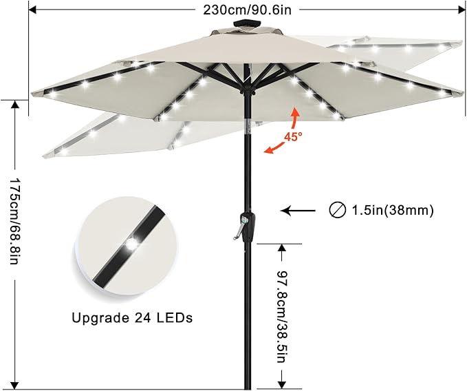 ABCCANOPY Durable Solar Led Patio Umbrellas with 32LED Lights 7.5FT (Light Beige) - Image 3