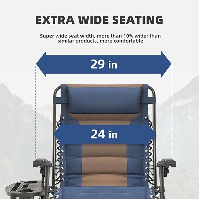 Zero Gravity Chair Set of 4 Oversized Padded Recliner with Adjustable Headrest & Cup Holder - 600D Oxford Folding Lounge Chair for Outdoor Camping, Patio, Poolside (Brown & Blue) - Image 4