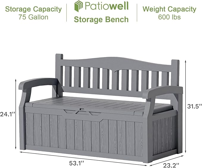 Patiowell 75 Gallon Plastic Storage Bench, Water-Resistant Deck Box for Patio Furniture, Garden Tools, Pool Storage and Outdoor Cushions, Grey - Image 3