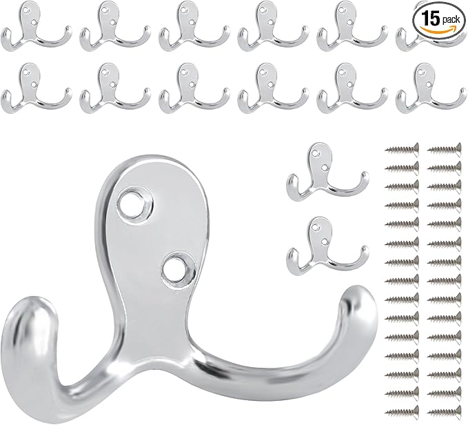 15 Pack Coat Hooks Wall Hooks for Hanging, Heavy Duty Double Prong Metal Hook by CBWLWJ