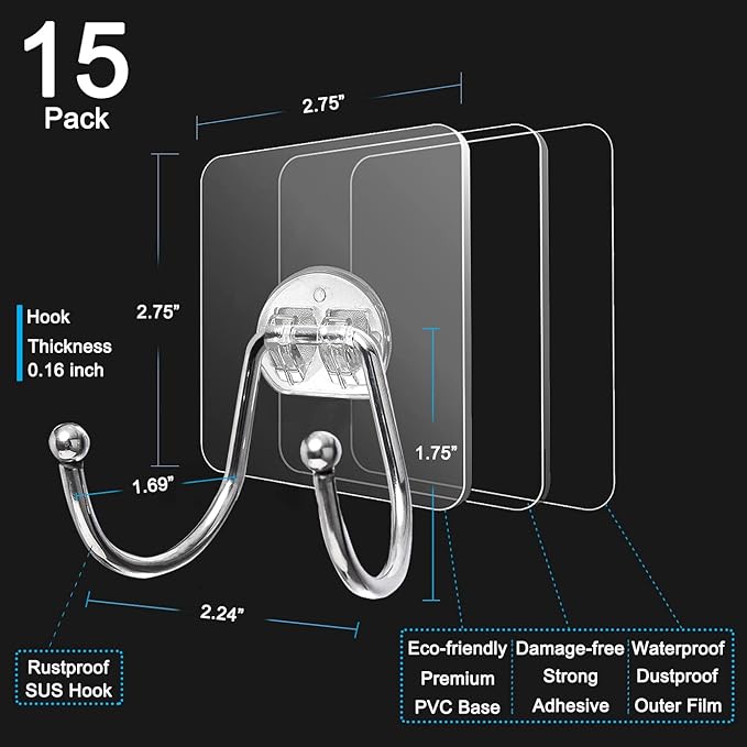 15 Pack Large Double Adhesive Wall Hooks, Damage-Free Waterproof 33 Ib Max - Image 6