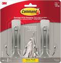 Command Large Brushed Nickel Double Hooks, 2 Hooks and 2 Strips, Damage Free by Command