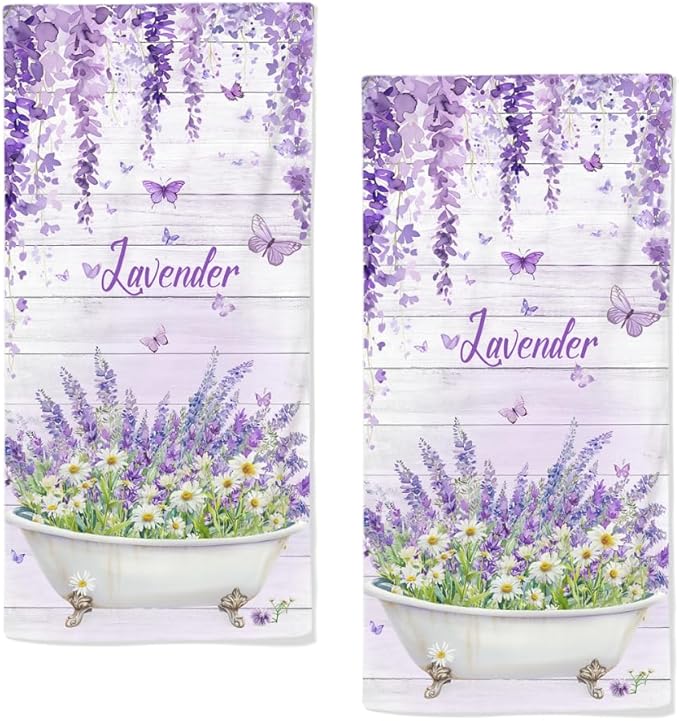 Lavender Hand Towels Set of 2 Lightweight Breathable Purple Floral Bath Towels by qiuhuang