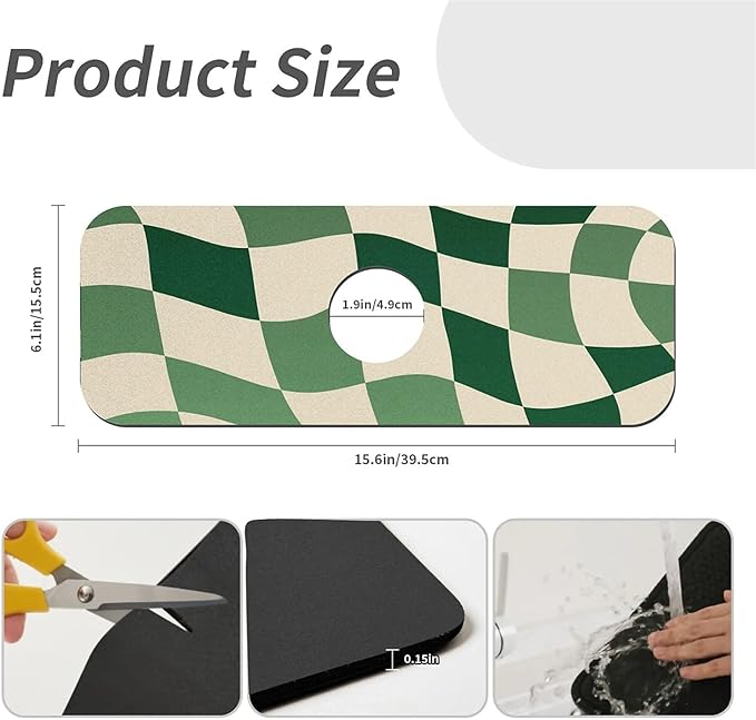 Kitchen Sink Splash Guard，Green-and cream checkered Faucet Mat Sink - Image 3