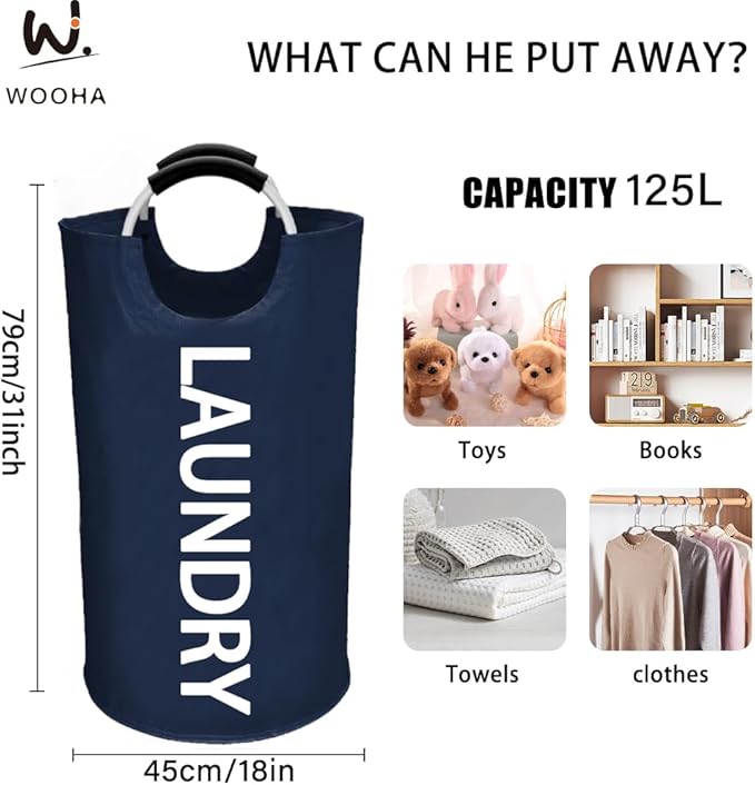WOOHA 125L Large laundry basket, Collapsible laundry hamper, Tall Clothes - Image 3