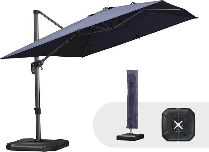 PURPLE LEAF 9'×11.5' Cantilever Patio Umbrella with Base Rectangle Offset Outdoor Umbrella Cover with Zipper for Garden Deck Pool Navy Blue by PURPLELEAF