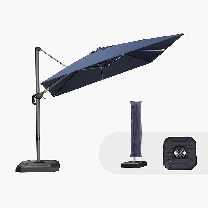 PURPLE LEAF 9'×9' Patio Umbrella with Base Outdoor Cantilever Umbrella with Cover Aluminum Square Offset Umbrella with 360-degree Rotation for Deck Pool Garden Navy Blue by PURPLELEAF