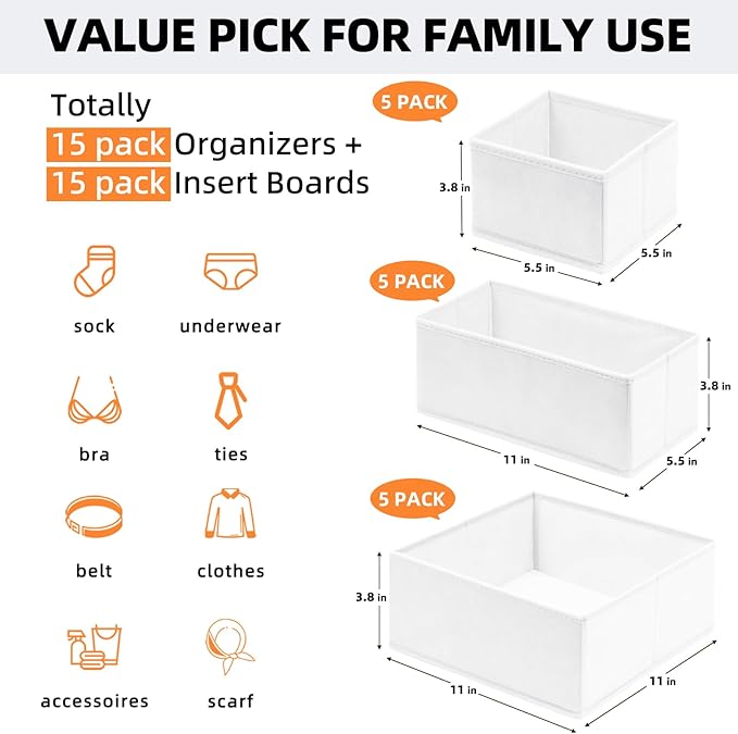 Criusia Closet Drawer Organizer Clothes, 15 Pack White Dresser Organizer - Image 4