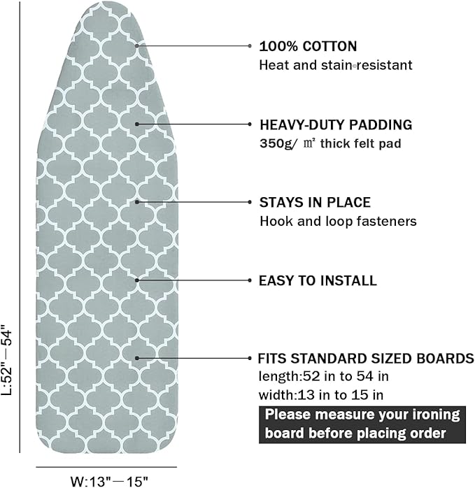 Ironing Board Cover and Pad Standard Size 15" x 54", 3 Pairs of Hook and Loop - Image 2