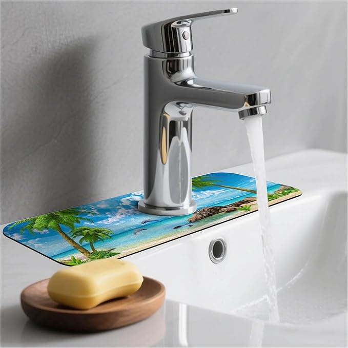 Kitchen Sink Splash Guard，Summer coconut Beach dolphins Faucet Mat Sink - Image 2