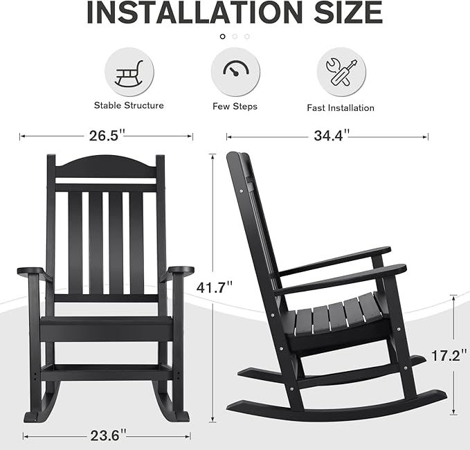 Devoko HDPE Rocking Chair Plastic Outdoor Indoor Patio Rocker Chair High Back All Weather Rocker for Patio Backyard Porch Garden (Black) - Image 3