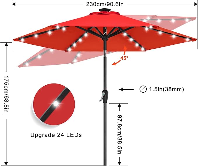 ABCCANOPY Durable Solar Led Patio Umbrellas with 24LED Lights 7.5FT (Red) - Image 4