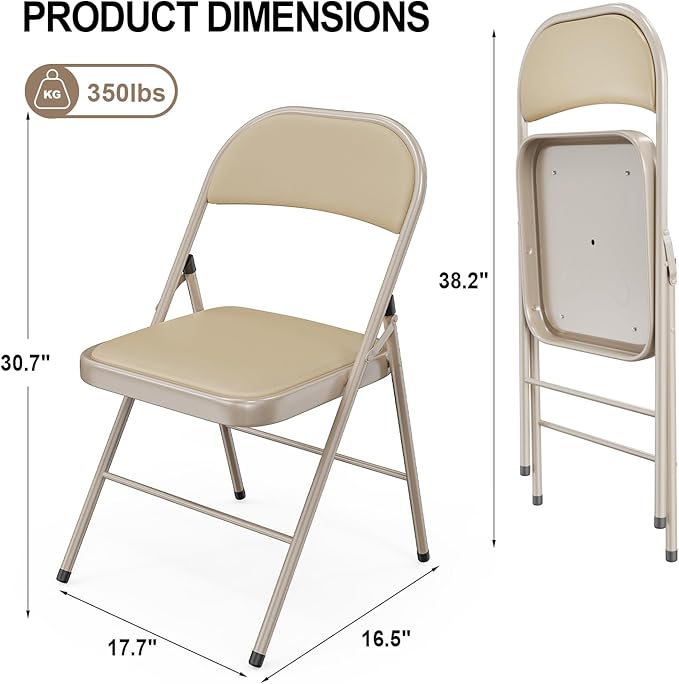 VINGLI 8 Pack Folding Chairs with Padded Seats, Metal Frame with Pu Leather Seat & Back, Capacity 350 lbs, Set of 8, Khaki - Image 3