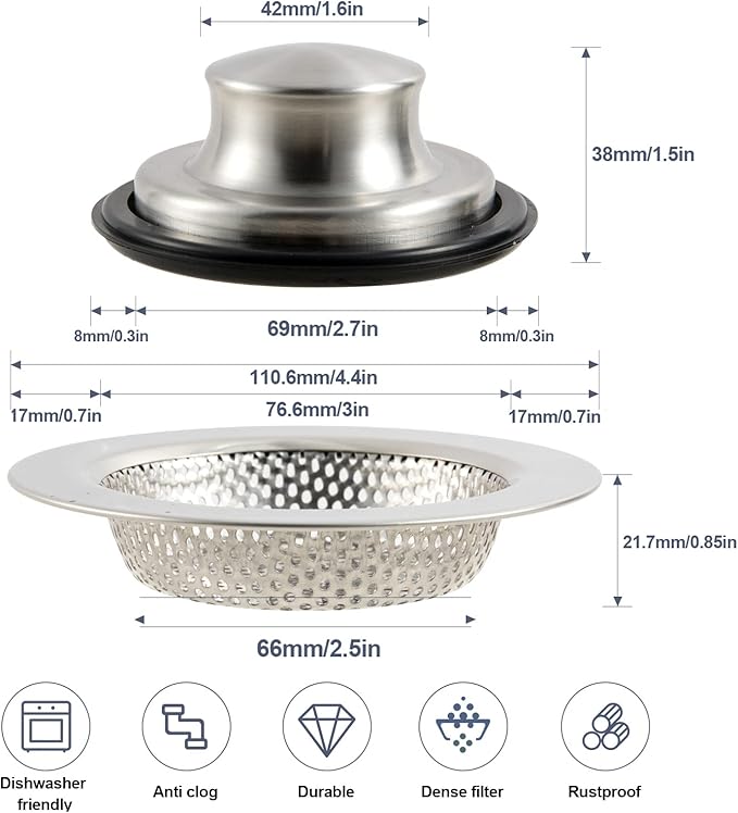 RQYEKDO Kitchen Sink Strainers Sink Stopper Kits, Stainless Steel Sink Drain - Image 6