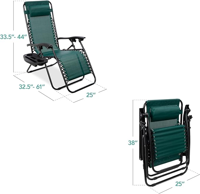Best Choice Products Set of 2 Adjustable Steel Mesh Zero Gravity Lounge Chair Recliners w/Pillows and Cup Holder Trays - Forest Green - Image 3