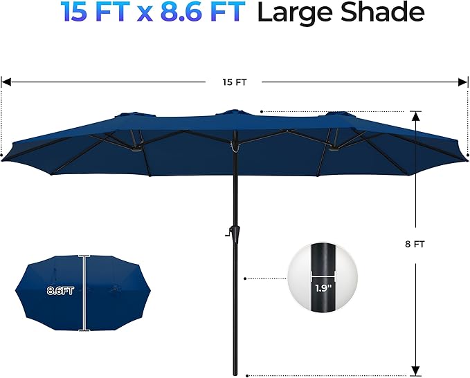 SUPERJARE 15FT Outdoor Umbrella for Patio, Double sided Pool Umbrellas with Fade Resistant Canopy, Large Table Umbrella for Deck, Market, Backyard - Navy Blue - Image 7