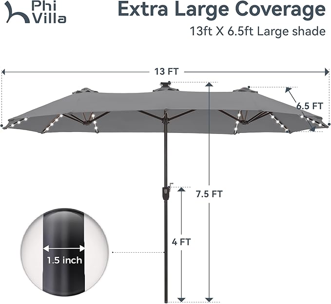 PHI VILLA 13ft Patio Umbrella with 120 PCS Solar-Powered LED Color-Changing Lights, Double-Sided Large Rectanglular Umbrella Outdoor for Table with Crank Lift,Light Grey(No Base) - Image 2
