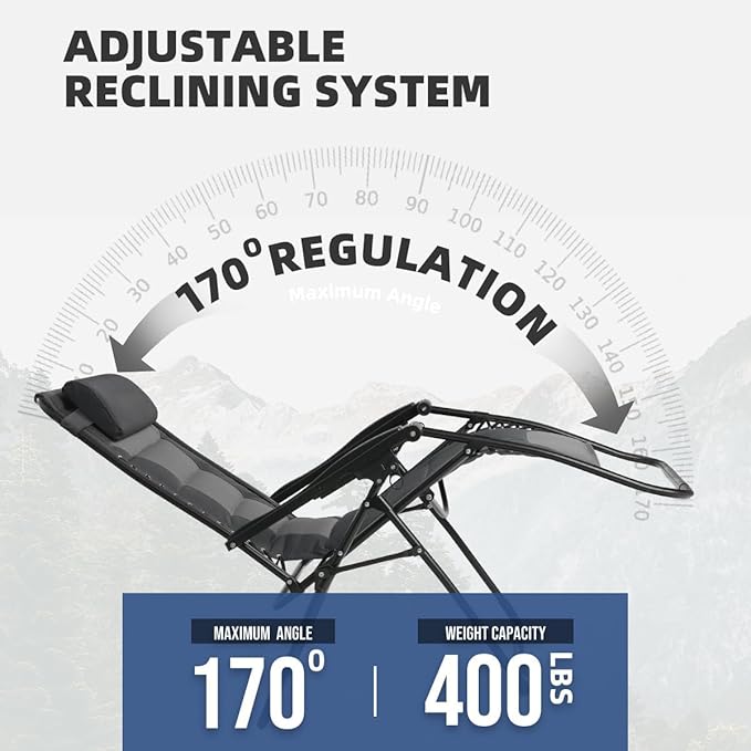 Zero Gravity Chair Set of 2 Oversized Padded Recliner with Adjustable Headrest & Cup Holder - 600D Oxford Folding Lounge Chair for Outdoor Camping, Patio, Poolside (Black & Gray) - Image 7