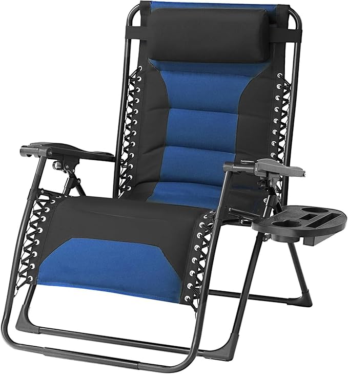 Zero Gravity Chair Oversized Folding Recliner XL, Padded Anti Gravity Lounge Chair with Adjustable Pillow & Cup Holder for Outdoor Camping, Patio, Poolside, Lawn (Black & Blue) by Unknown