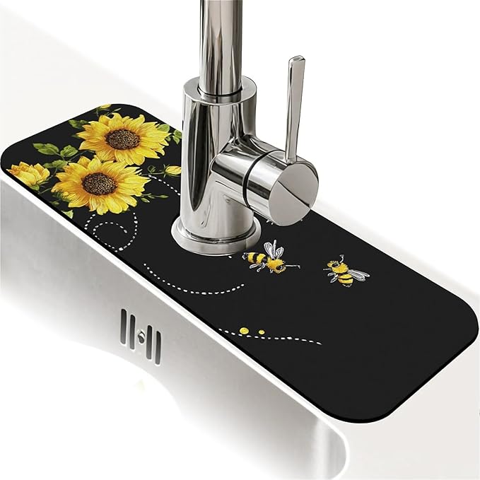 Kitchen Sink Splash Guard，sunflowers-and bees- Faucet Mat Sink Gadgets-Super by ZHUZHISHAN